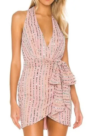 NBD Emmeline Colorful Sequin Halter Neck Tie Detail Mini Dress Nude Multi thumbnail 1