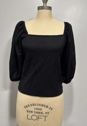 Ann Taylor Top M Black Square Neck Puff Sleeve Back Shirred Blouse Feminine thumbnail 1