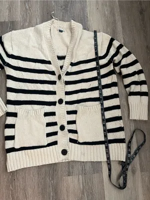 American Eagle Cardigan Womens Medium Ivory Black Striped Knit Shawl Collar thumbnail 11