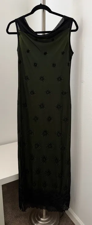 Sleeveless Olive Green Maxi Dress with Black Embroidered Overlay thumbnail 1