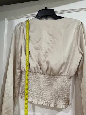 Gianni Bini Cream V-Neck Smocked-Waist Long Sleeve Blouse XS thumbnail 6