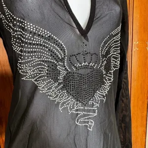 Sheer Long Sleeve Rhinestone Heart Angel Wings Y2K‎ Small Biker Fairy Goth thumbnail 4