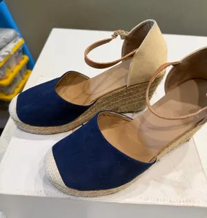 Dream Paris Navy and Cream Canvas Espadrille Wedges thumbnail 1
