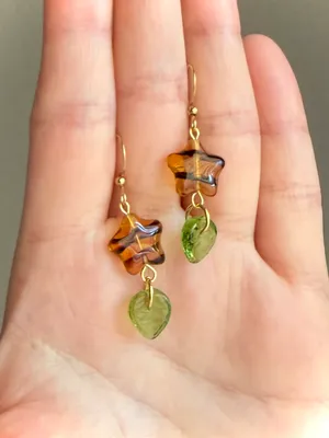 Handmade unique retro vintage fairy boho style dangle earrings w/ quality Czech glass beads mix 🌀🍃💛 thumbnail 4