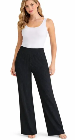 Betabrand Dress Pant Yoga Pants M Black Pinstripe High Rise Wide Leg Pull On thumbnail 1