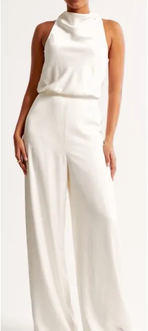 Abercrombie & Fitch Ivory Satin Wide Leg Blouson Jumpsuit thumbnail 1