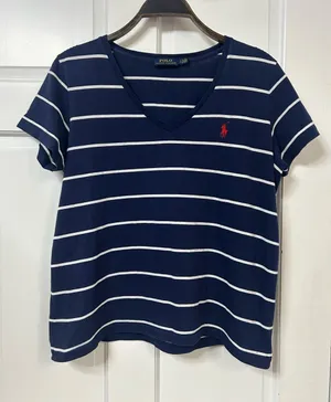 Polo by Ralph Lauren Navy and White Striped V-Neck Tee with Red Pony thumbnail 1