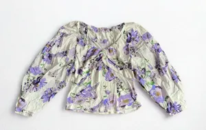 Anthropologie White Purple Floral Balloon Sleeve Crop Top XS thumbnail 2