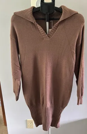 NWT Women's Long Sleeve V Neck‎ Sweater Collar Ribbed Knit Mini Dress Size Small thumbnail 1