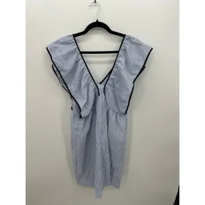 SheIn Womens L Blue White Striped Ruffle Mini Dress Tie Front Coastal Nautical Preppy thumbnail 2