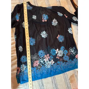 LOFT Floral Split Neck Tunic Top Black Blue Pink Cotton Rayon Size M NEW thumbnail 4