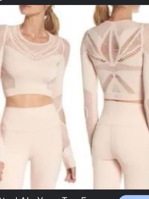 Alo yoga size large pink Cropped Open-Knit Long Sleeve Top in Light Blush thumbnail 2