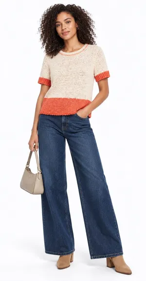 Zara Cream Coral Orange Open Knit Short Sleeve Top Size S thumbnail 1