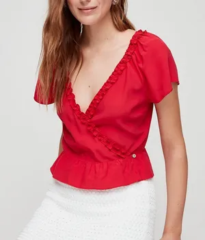 Wilfred Red Ruffle Wrap Peplum Blouse Short Sleeve V Neck‎ XS thumbnail 1