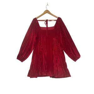 Red Pleated Velvet Mini Dress Square‎ Neck Lantern Sleeve Holiday Boho Party L thumbnail 7