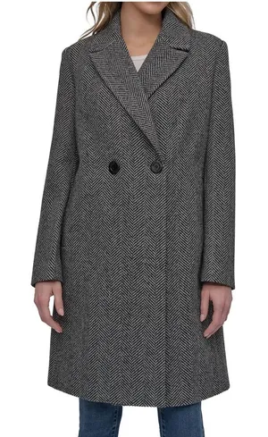 DKNY Women's HerringboneDouble Breasted Wool Blend Coat Medium New thumbnail 1