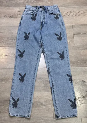 Playboy by PacSun Womens Light Wash All Over Bunny Logo Straight Leg Jeans 25/0 thumbnail 1