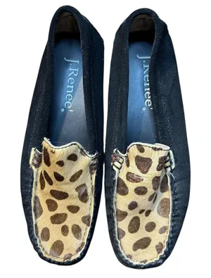 J Renee‎ Shoes Womens Size 7.5 Black Avalon Leopard Calf Hair Driving Loafers thumbnail 1
