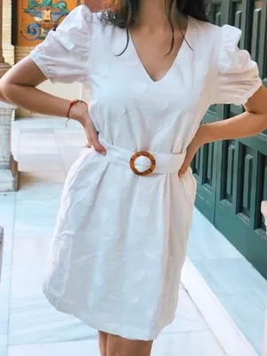 J.O.A. Ivory white cotton V-Neck Puff Sleeve Mini Dress with Buckle Belt thumbnail 1