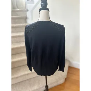 J.Crew Wool Cashmere Navy & Black Embellished Shoulder Crewneck Sweater thumbnail 4