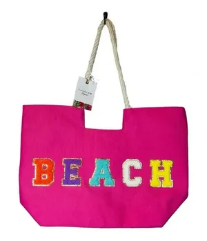 Sunglow Style Beach Tote Bag Womens‎ NWT Pink Chenille Patch Rope Handle Summer thumbnail 1