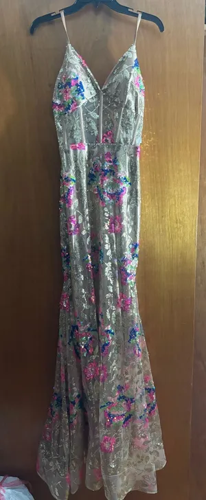 Dear Moon gold and floral prom dress thumbnail 1