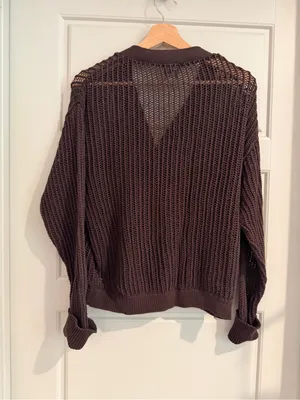 BDG Open-Weave V-Neck Cardigan in‎ Dark Brown thumbnail 2