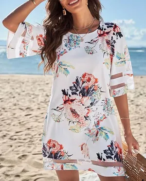 Floral White 3/4 Sleeve Mini Dress Size S thumbnail 1