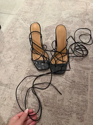 Amazon Black Lace-Up Square-Toe Strappy Heels thumbnail 2