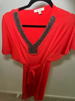 Spense Red Beaded V-Neck Flutter Sleeve Dress Size 6 thumbnail 1