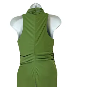 Olive Green Mock Neck Ruched Side Tie Midi Dress Sleeveless Mermaid Hem thumbnail 7