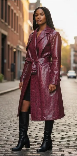Maximalist Nasty Gal Burgundy Faux Snakeskin Belted Trench Coat thumbnail 1