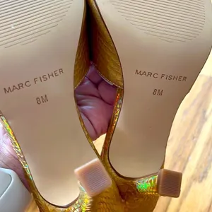 Marc Fisher- “Danria” Square Toe Gold Metallic Slide Dress Heels-8M- NEW thumbnail 9