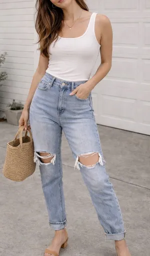 American Eagle Outfitters Light Blue Ripped Straight Leg Jeans high rise mom 4R thumbnail 1