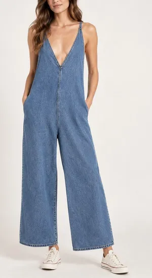 Lel Lab Denim Wide Leg Jumpsuit Baggy Plunging Neck Open Back Size 38/ Medium thumbnail 1