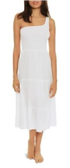 Becca by Rebecca Virtue Ponza Smocked One Shoulder Cover-up In White size L NWT thumbnail 1