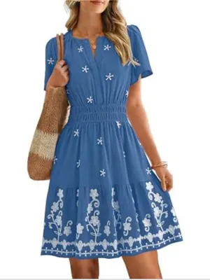 Simple Blue Short-Sleeve Embroidered Tiered Mini‎ Dress thumbnail 2