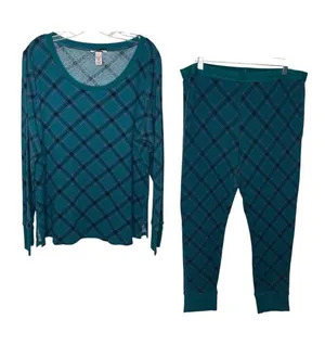 Victoria’s Secret Sz XL Long Pajama Set Teal Purple Black Argyle Plaid thumbnail 1