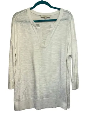 LOFT White Cotton‎ Split Neck Medium Lightweight Knit Top thumbnail 1