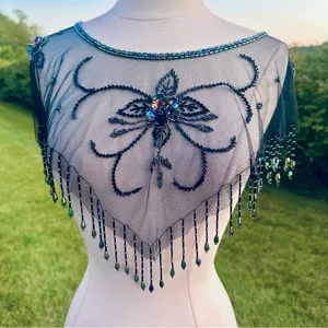 Vintage Beaded Black Mesh Caplet Collar Scarf with Fringe & Sequins thumbnail 3