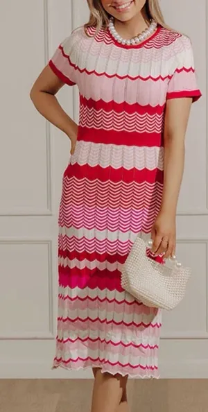 Striped Knit Midi Dress in Pink and Red thumbnail 1