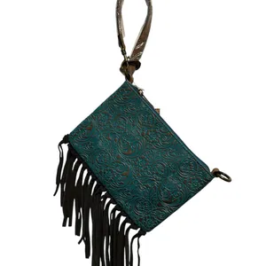 NWT: Justin Boots Brand Tooled Embossed Fringe Convertible Bag thumbnail 4