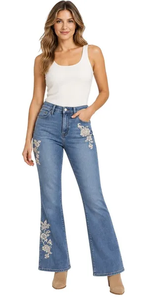 Nicole Miller Soho Bootcut Jeans Womens 8 Blue Excellent Floral Embroidered High thumbnail 1