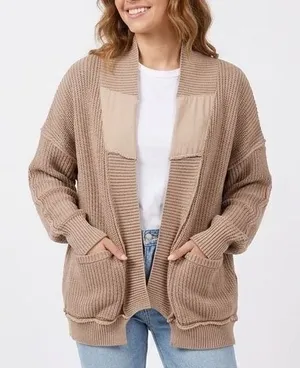 Womens Cardigan Sweater Medium Tan Chunky Knit Open Front Drop Shoulder Winter thumbnail 1