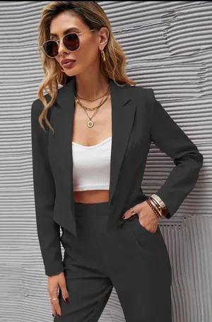Solid Single Button Crop Blazer And Slant Pocket Tailored Pants (XL 12) thumbnail 3