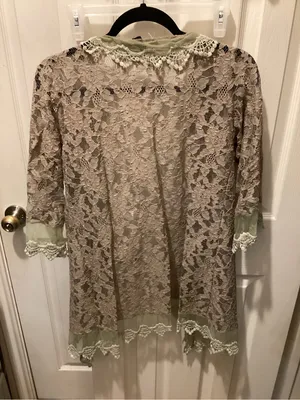 Beige Lace Open Kimono with Olive Trim Green Size L thumbnail 4