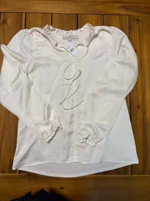 LOFT Women's Cream Ruffle Neck Tie Long Sleeve Blouse Size S CottageCore thumbnail 2