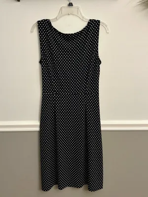 Anne Klein Classic Black White Polka Dot Sleeveless Faux Wrap Midi Dress Medium thumbnail 2