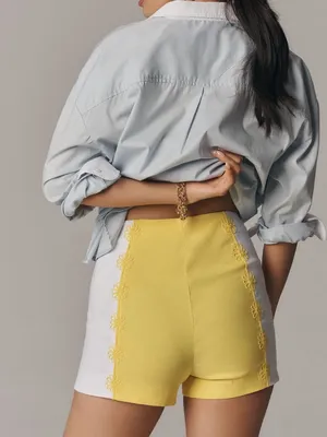 NWT Anthropologie Maeve Surf City Linen Blend Embellished Shorts in Lemon thumbnail 2