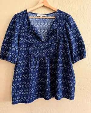 LOFT Navy Blue Printed Peasant Top thumbnail 1